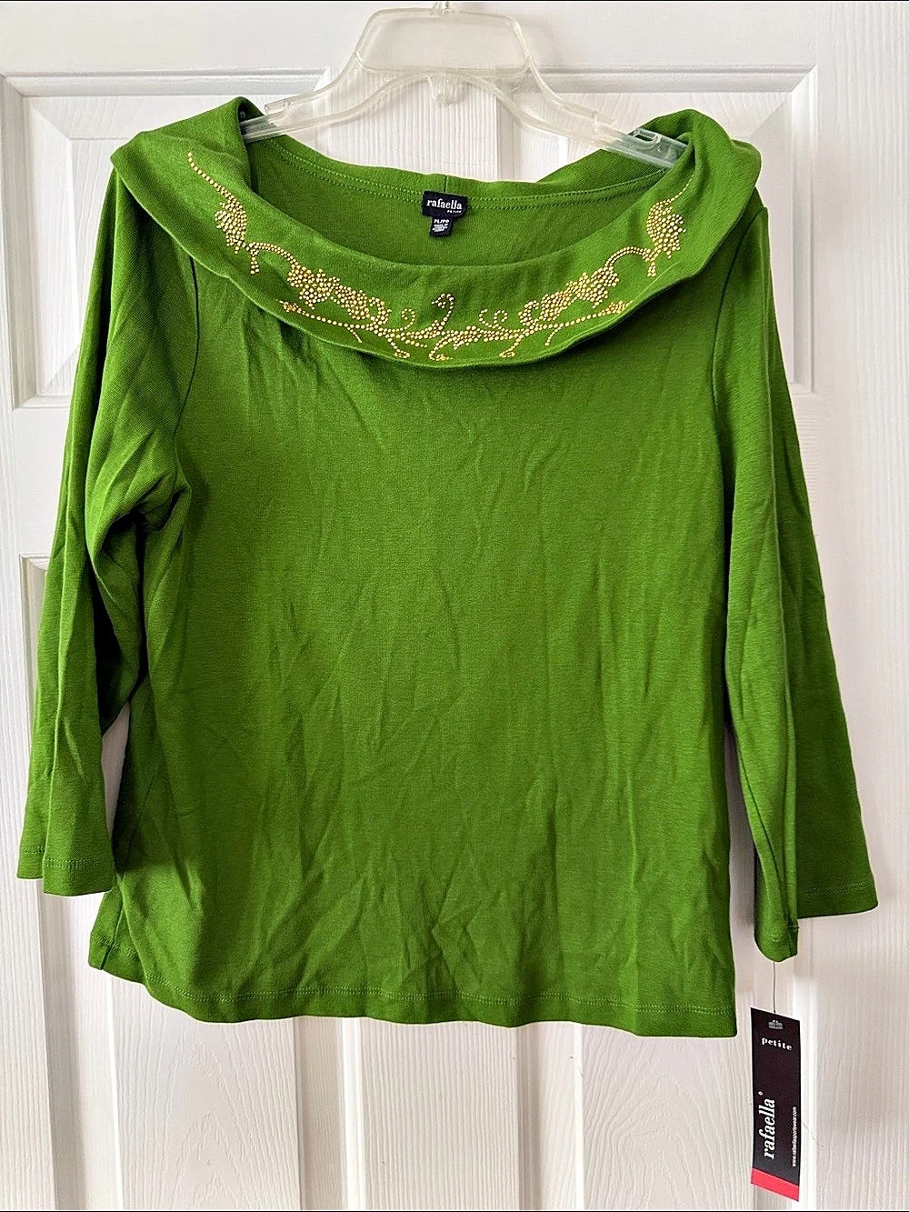 Rafaella Petite Seaweed Knits Embellished Cowl Neck Top Green Petite L